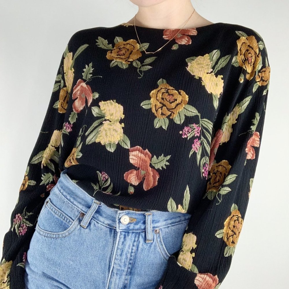 Vintage Black Floral High Neck Long Sleeve Top